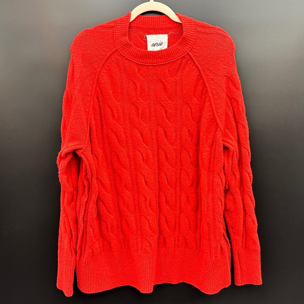 Aerie Womens Red Cable Knit Crew Neck Raglan Sleeve Sweater XS